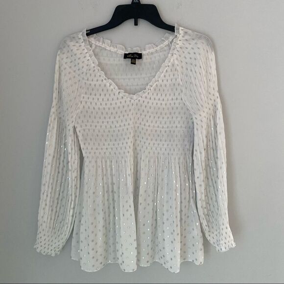 Melissa Paige Women’s Long Sleeve Rubbed Top A Line V Neck Sheer Top - Picture 1 of 5